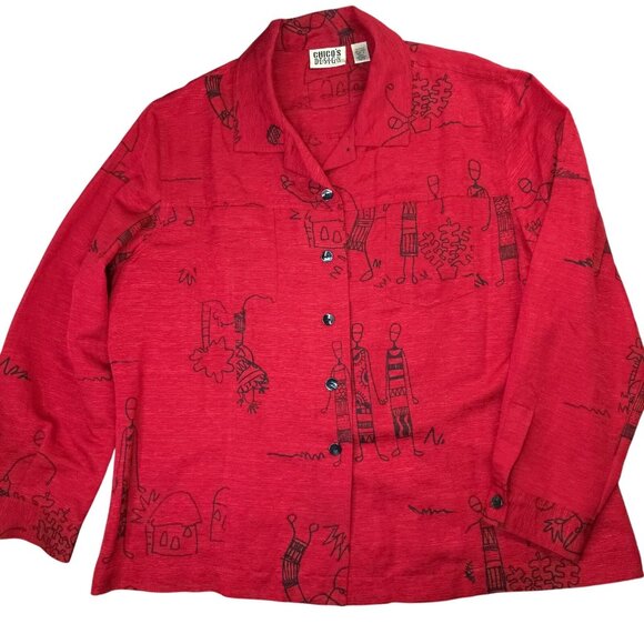 Chicos Design Shirt Womens 3 US XL Red Silk Linen Button Up Wearable Art African - Picture 1 of 11